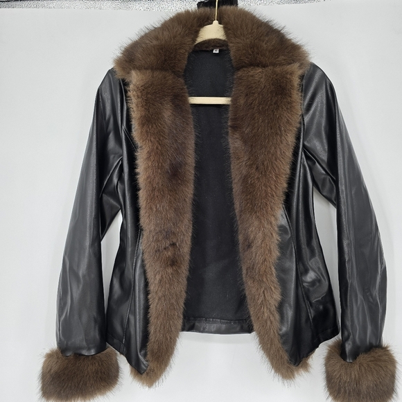 Chic Mood Brown Fur Cardigan faux leather jacket black brown small - Picture 3 of 9